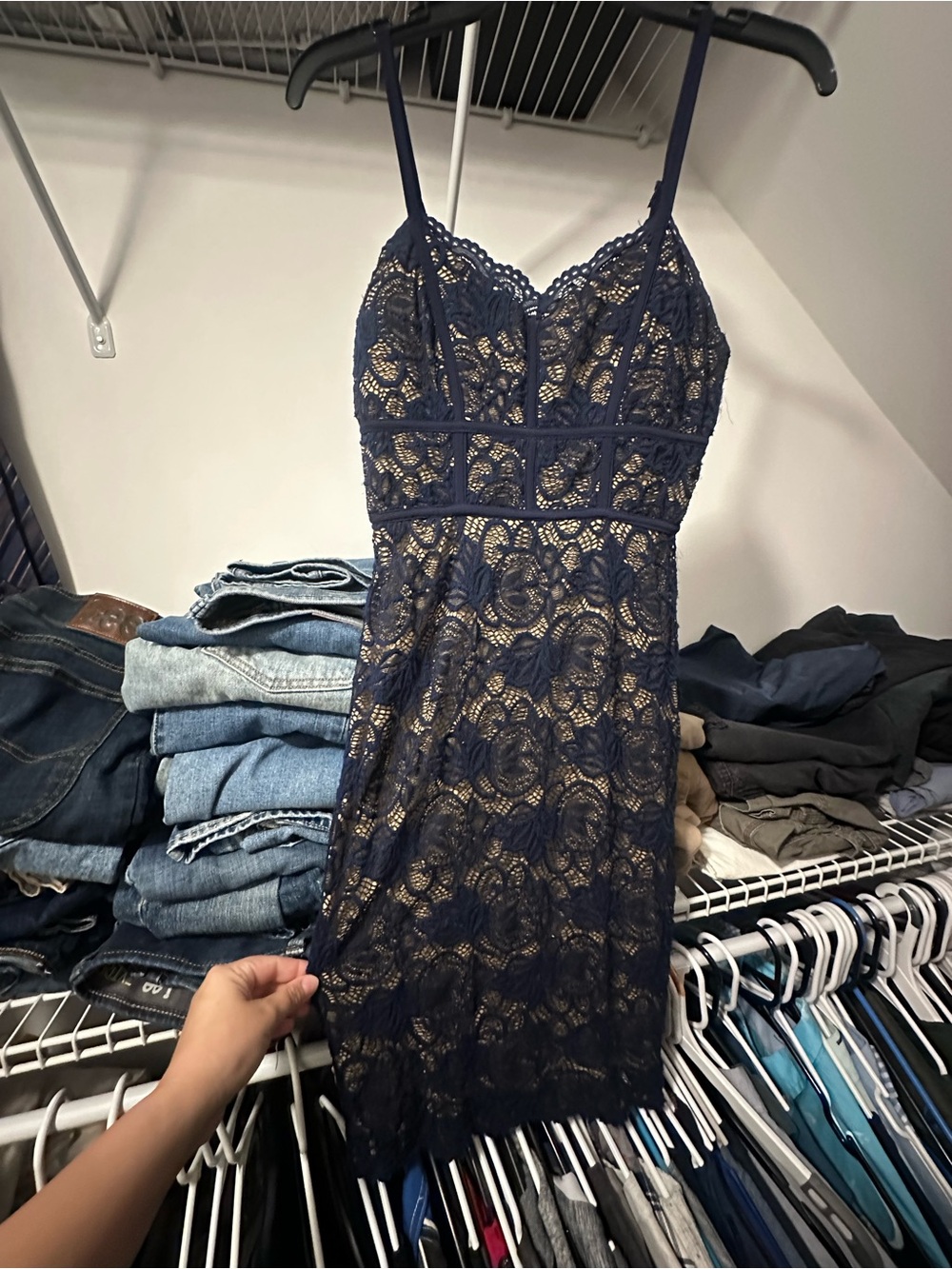 B Darlin Navy Lace Mini Dress with Nude Lining